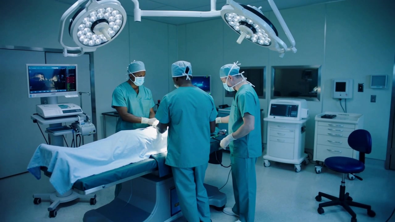 Starting surgery, team wearing green scrubs and masks tending draped patient and monitoring vitals