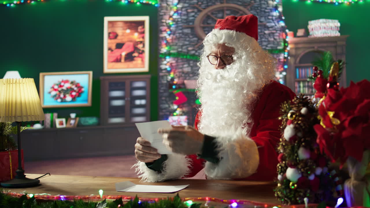 Santa Claus Reading Letters in Festive Christmas Setting