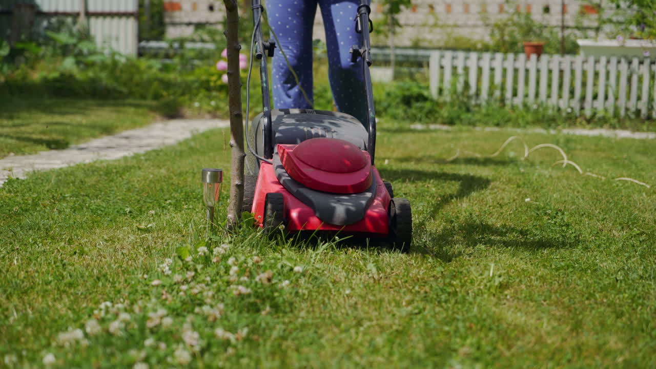 Farmer woman mowing lawn in residential back garden.