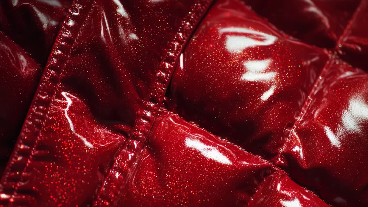 Close-Up of a Bright Red Quilted Fabric with Sparkling Texture Showcasing a Glossy Finish, Perfect for Fashion and Design, Exhibiting the Beautiful Stitching and Unique Material Quality, Ideal for Winter Wear