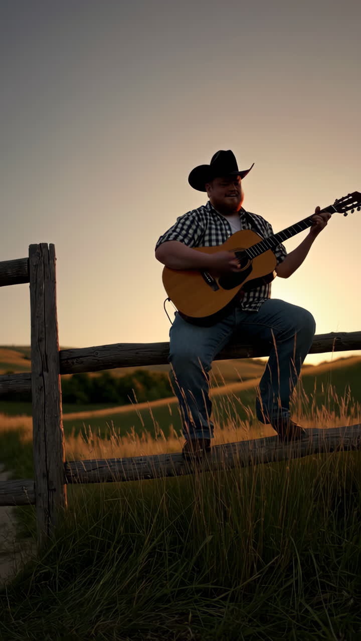 Countrysanger der spiller guitar på et hegn ved solnedgang