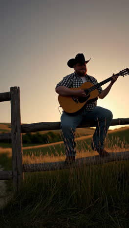 country singer playing guitar on a fence at sunset