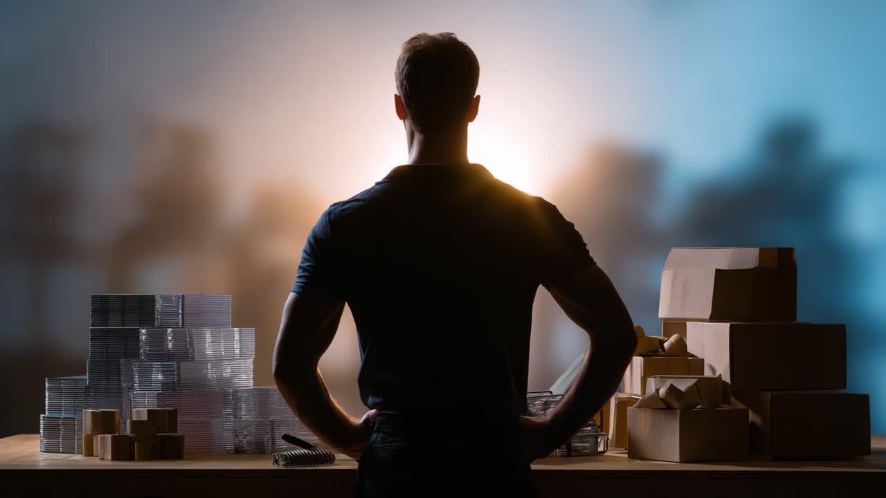 En reflekterende person, der overvejer logistik i et arbejdsområde omgivet af kasser og containere, mens et varmt lys skaber en fredfyldt atmosfære over scenen