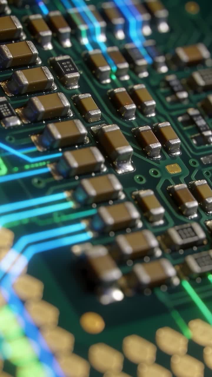 Video verticale: Telecamera in movimento che si sposta su una scheda PCB su un banco, rivelando condensatori, chip e tracce al neon.
