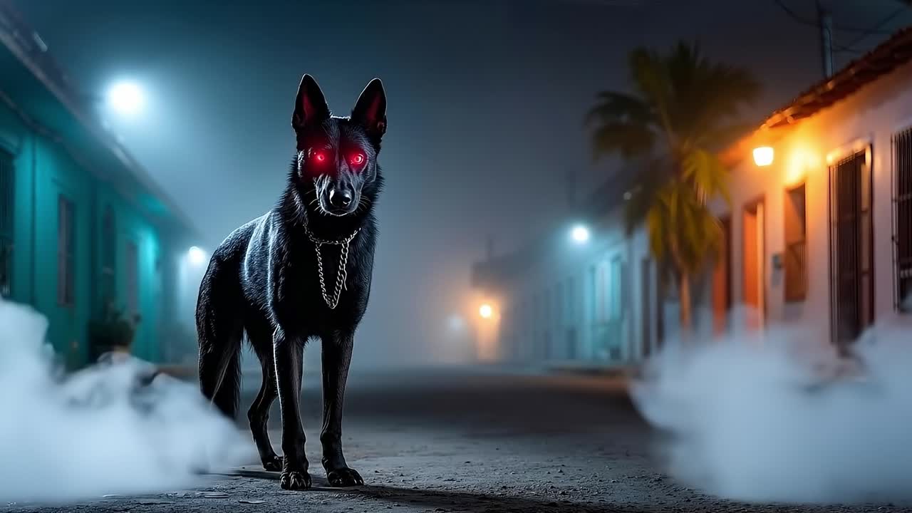 A black dog with red eyes walking down a street at night
