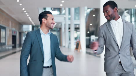 office, walking or happy business people fist bump