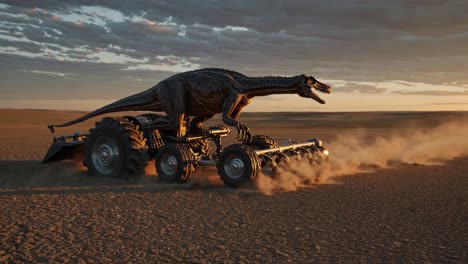 dinosaur tractor farming in the desert sunset