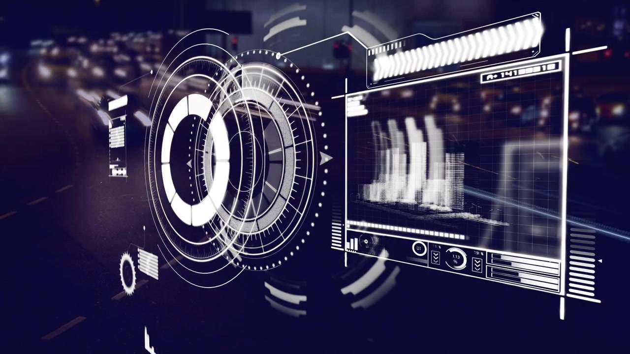 Animation of digital screen with diverse data and processing circle over night traffic