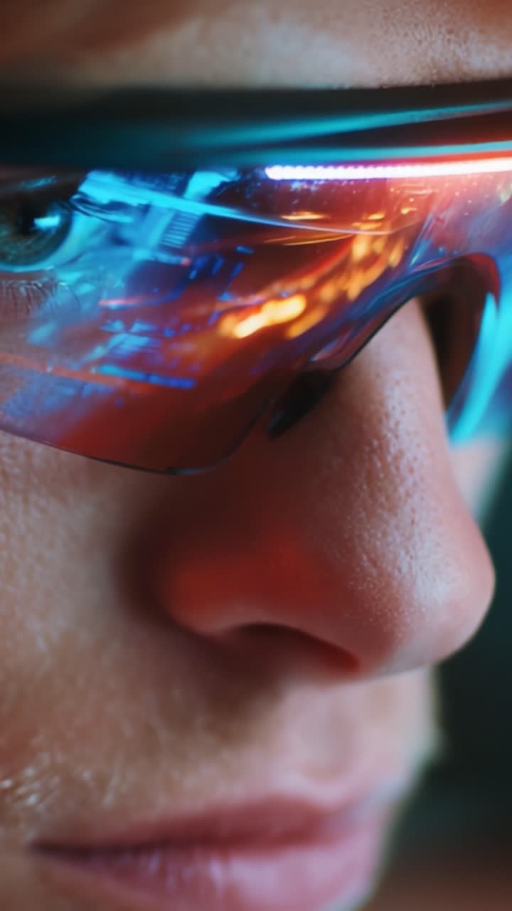 Close-up of a Person Wearing Futuristic Glasses with Reflective Lenses, Showcasing a Blend of Colors and Light Patterns, Emphasizing Modern Technology and Style