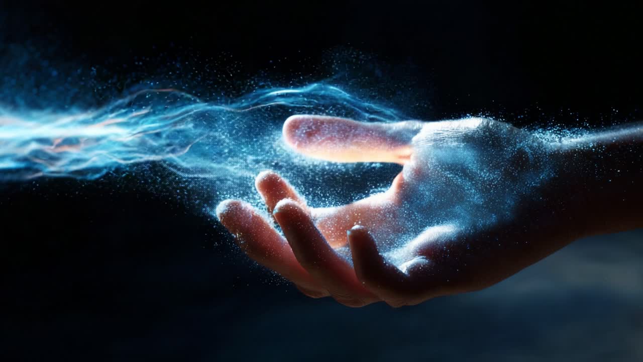 The Power of Creation: An Artistic Exploration of a Hand Manifesting Ethereal Energy Through a Trail of Light and Sparkling Particles in a Dark Background