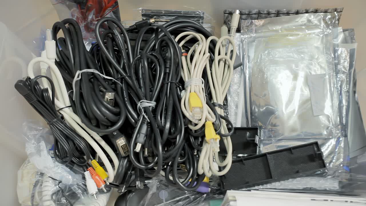Proceeding to put away many computer and hifi cables in a plastic storage box and closing the lid