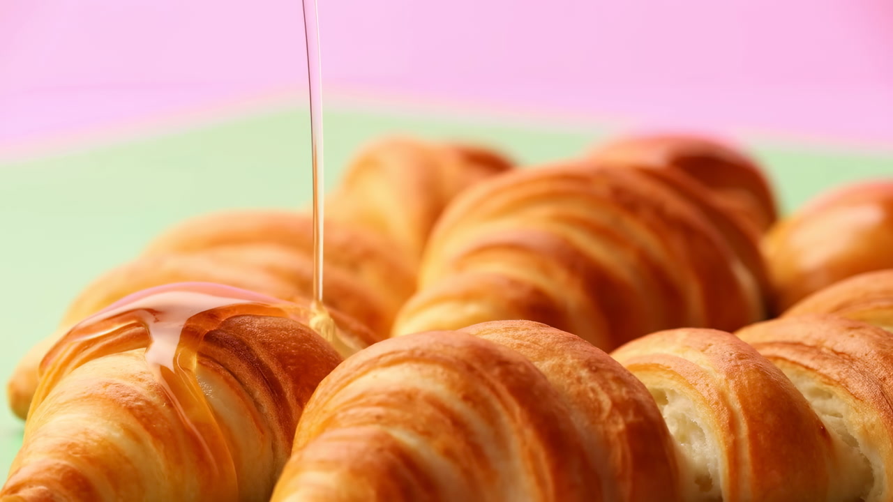 Golden Croissant Honey Drizzle Closeup Showcasing Buttery Flaky Layers On Pastel Plate, Syrup Stream Landing