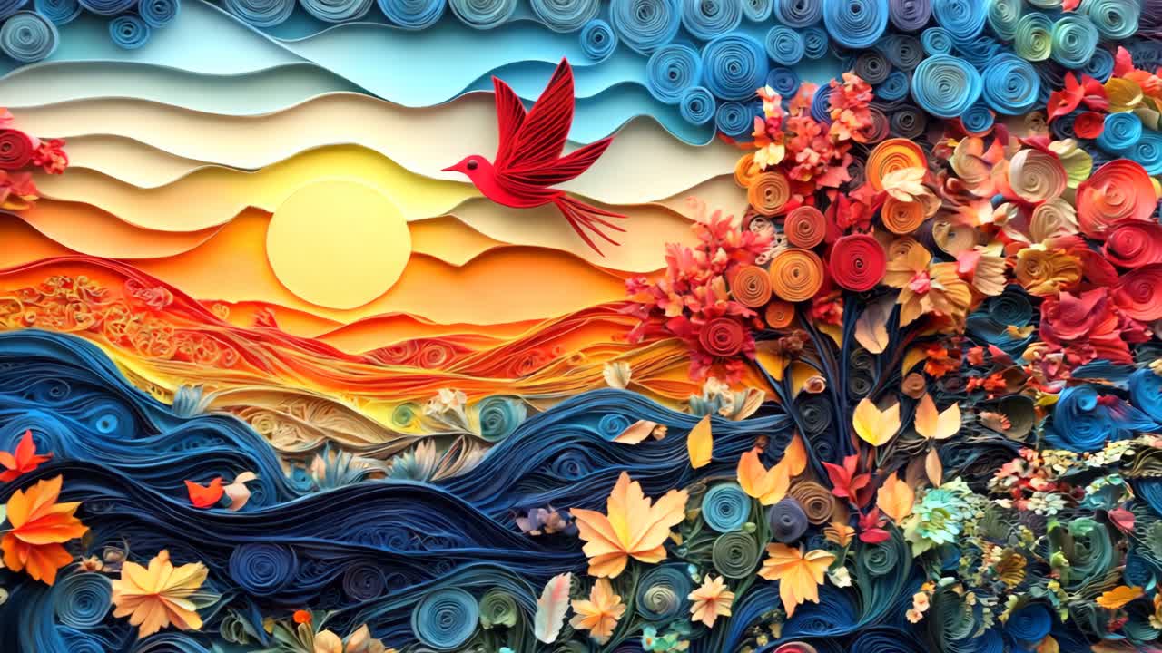 A colorful painting of a sunset with a bird flying over it. The painting has a serene and peaceful mood, with the bird representing freedom and the sunset symbolizing the end of the day