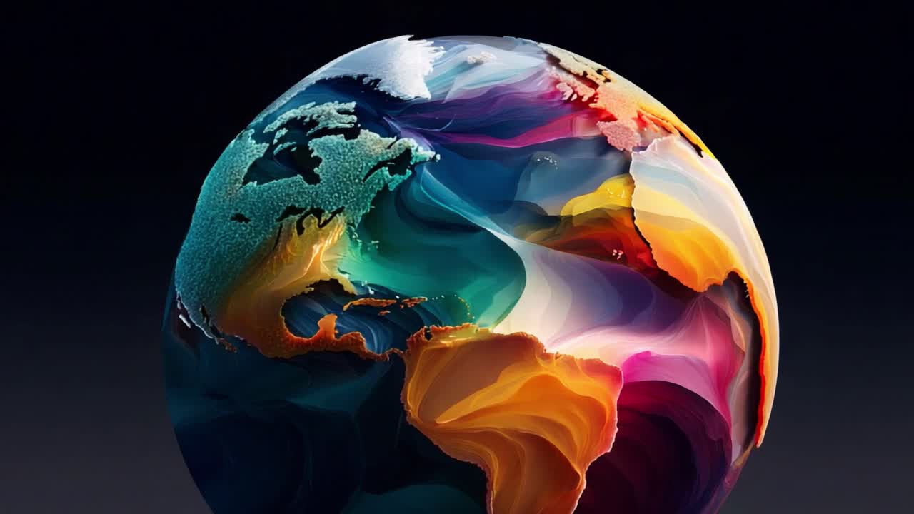 Vivid Artistic Representation of Earth showing a Swirling Colorful Globe with Abstract Patterns Capturing the Beauty and Diversity of Our Planet's Oceans and Continents