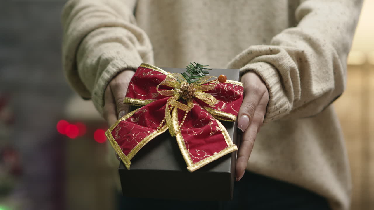 크리스마스 선물을 들고 있는 젊은 여성의 클로즈업