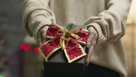 close up of young woman holding a christmas gift