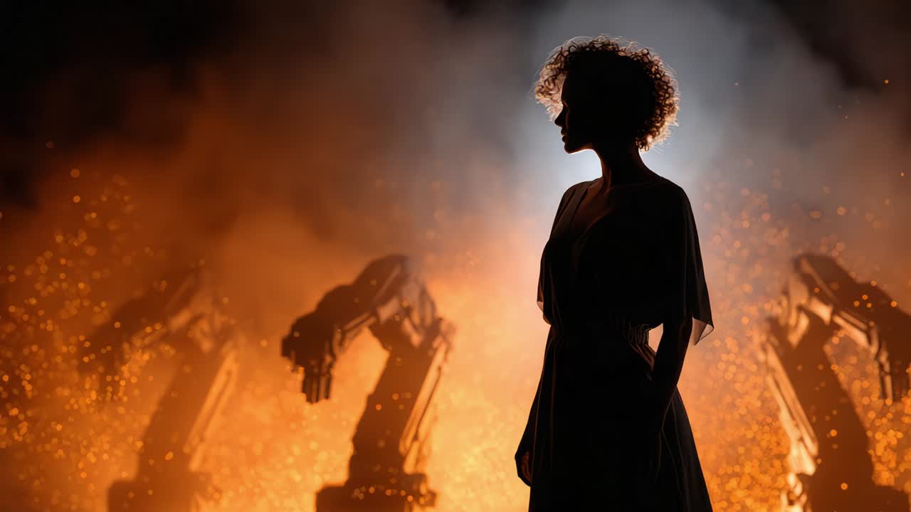 Silhouette of a Woman with Robots in the Background