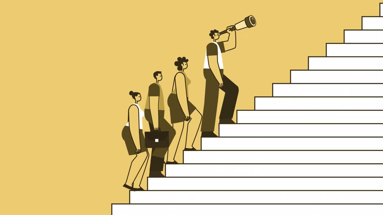 노란색 스타일의 사람들이 사람과 함께 계단을 올라가는 사람, 리더, 평평한 캐릭터, 알파 채널과 함께 고립된 루프 애니메이션