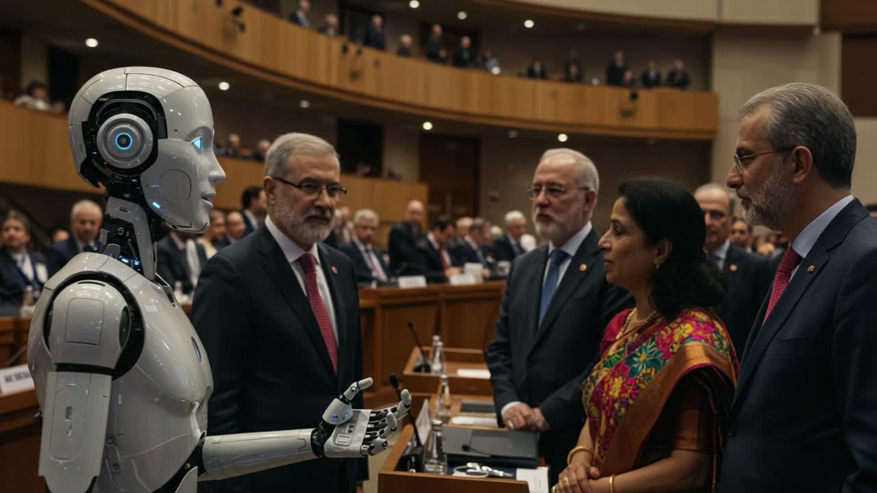 A Fascinating Interaction Between a Humanoid Robot and Human Representatives in a Formal Conference Setting, Highlighting the Future of Technology and Communication