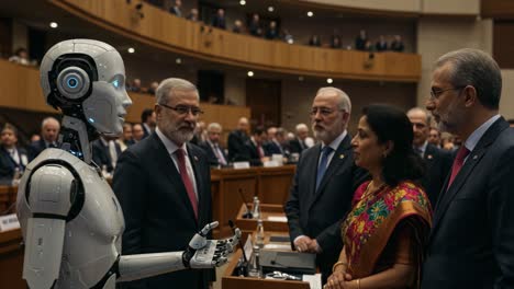 A Fascinating Interaction Between a Humanoid Robot and Human Representatives in a Formal Conference Setting, Highlighting the Future of Technology and Communication