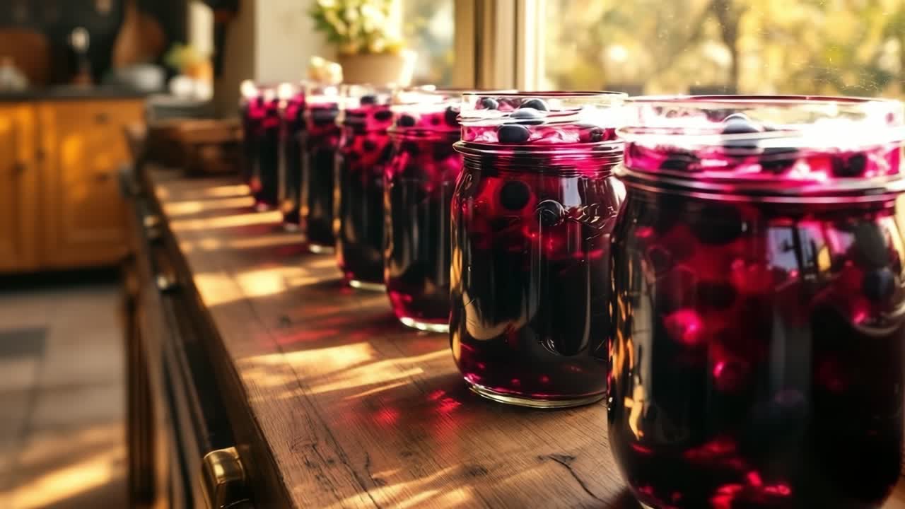 Sunlight illuminating glass jars filled with homemade blueberry jam, placed on a rustic wooden shelf near a window, creating a warm and inviting atmosphere