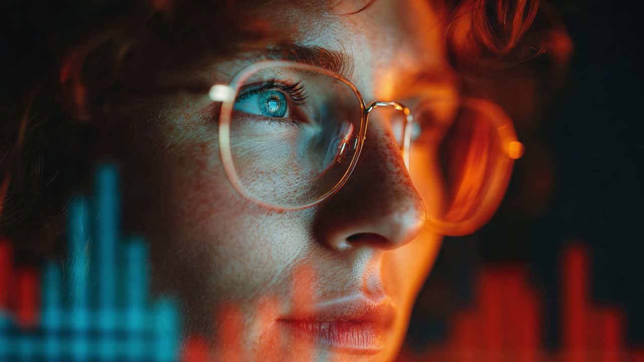A close-up perspective of a person with glasses, displaying intense focus and contemplation, juxtaposed with vibrant colored graph visualizations highlighting data analysis
