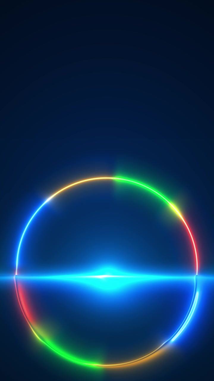 Sfondo di portale neon circolare arcobaleno, bordo dai colori vivaci, bagliore lente blu al centro, spazio futuristico