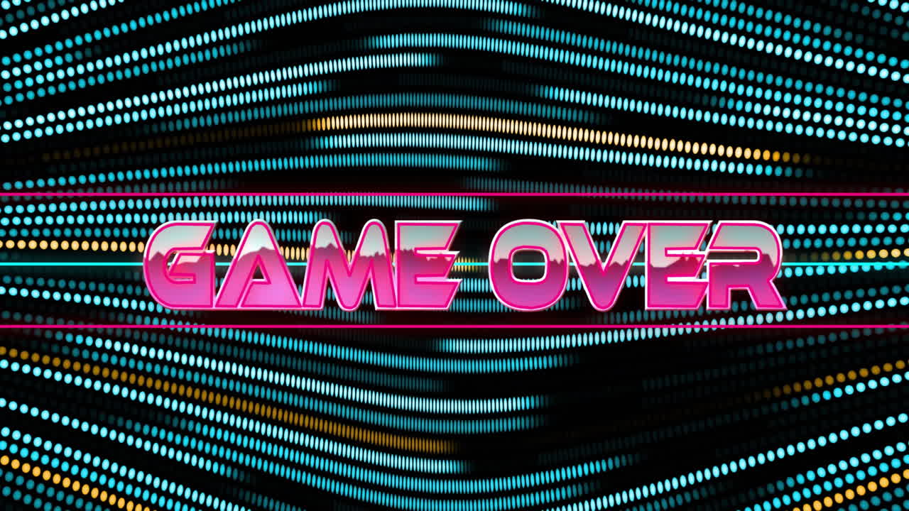 Animazione di testo "Game Over" su sfondo con motivo al neon