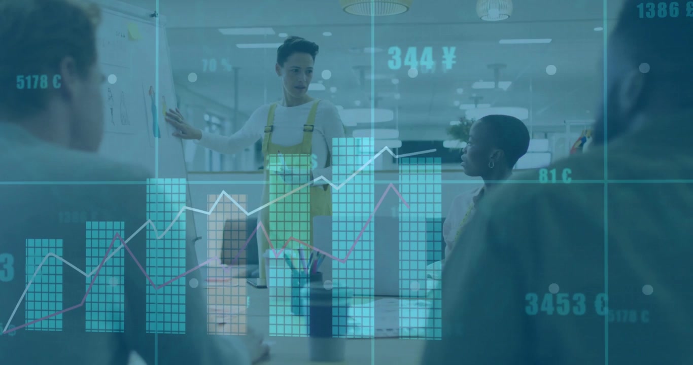 Presenter entering and pointing chart while graphs rising over team explaining business metrics