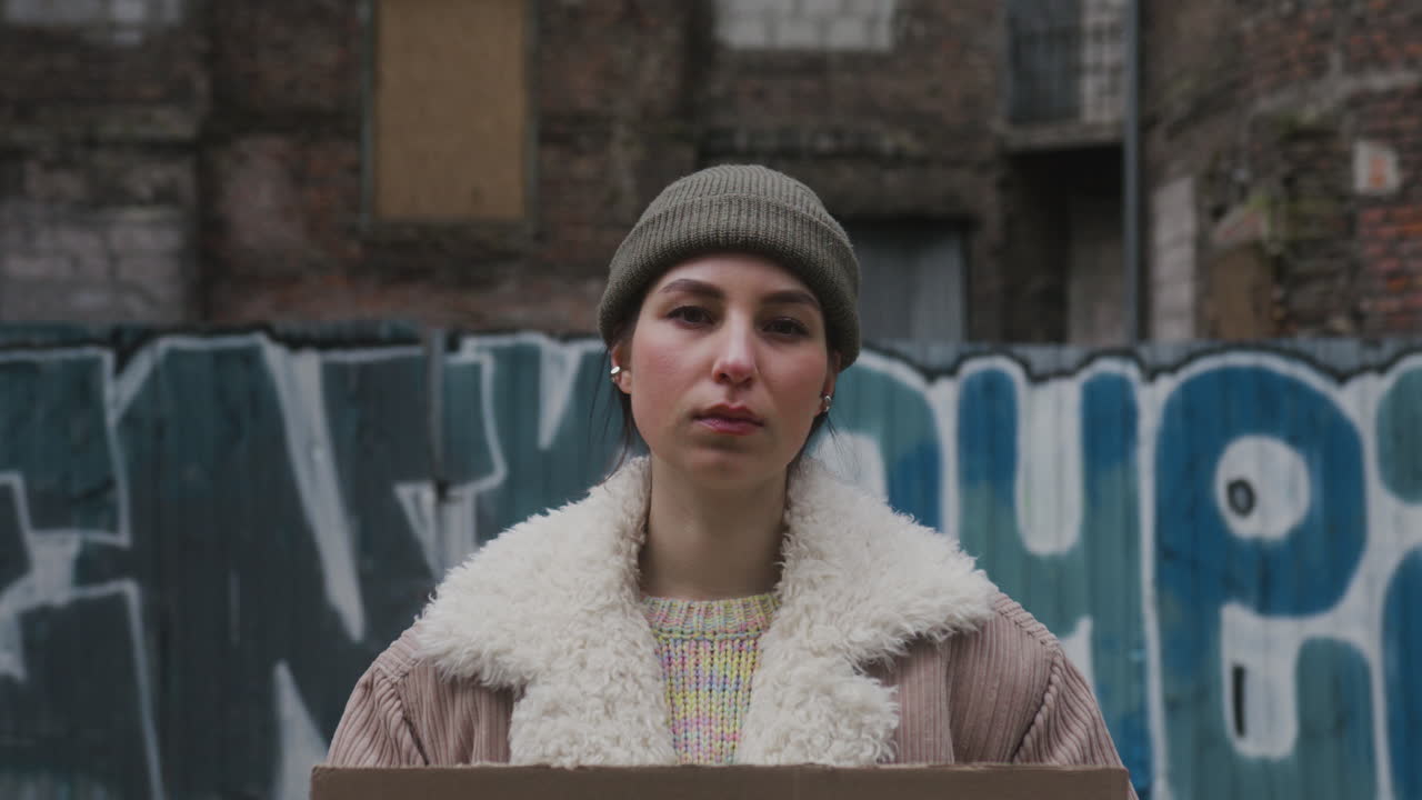 어린 소녀가 카메라를 보고 기후 변화 시위 중 행성을 의미하지 않는 단계로 판지 플래카드를 들고 있습니다. 1