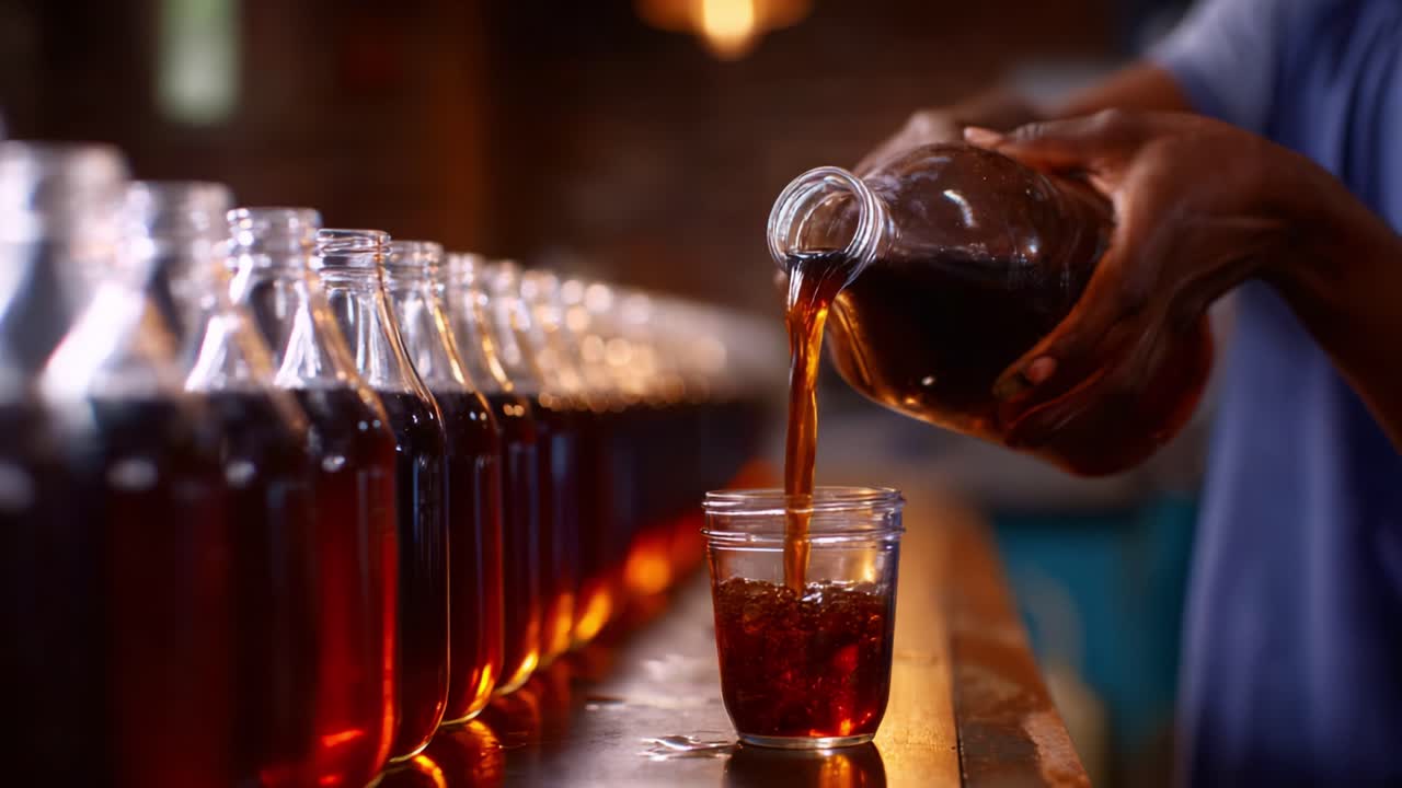 Un barista esperto versa del tè appena fatto in una tazza di vetro, mettendo in mostra il colore intenso, l'aroma invitante e la meticolosa lavorazione artigianale che definisce la cultura del tè.
