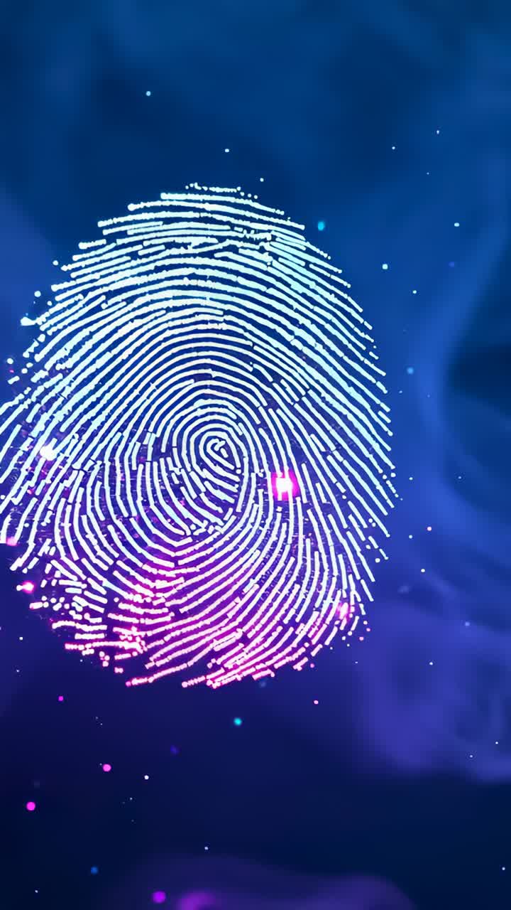 Vertical video: Starting fingerprint pattern glowing, scanning for authentication in UI, with smoke