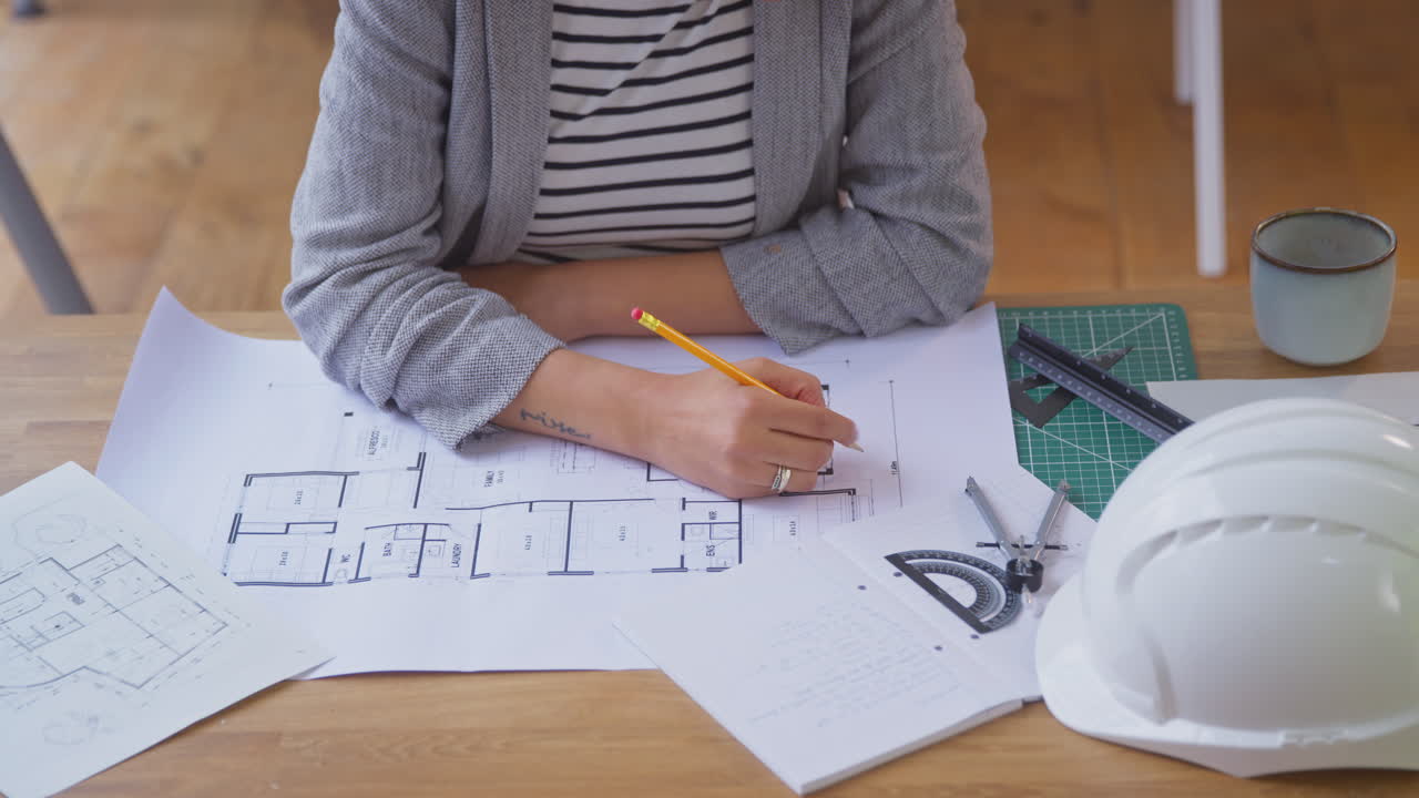 primer plano de una arquitecta en la oficina trabajando en planes para un nuevo edificio con un constructor