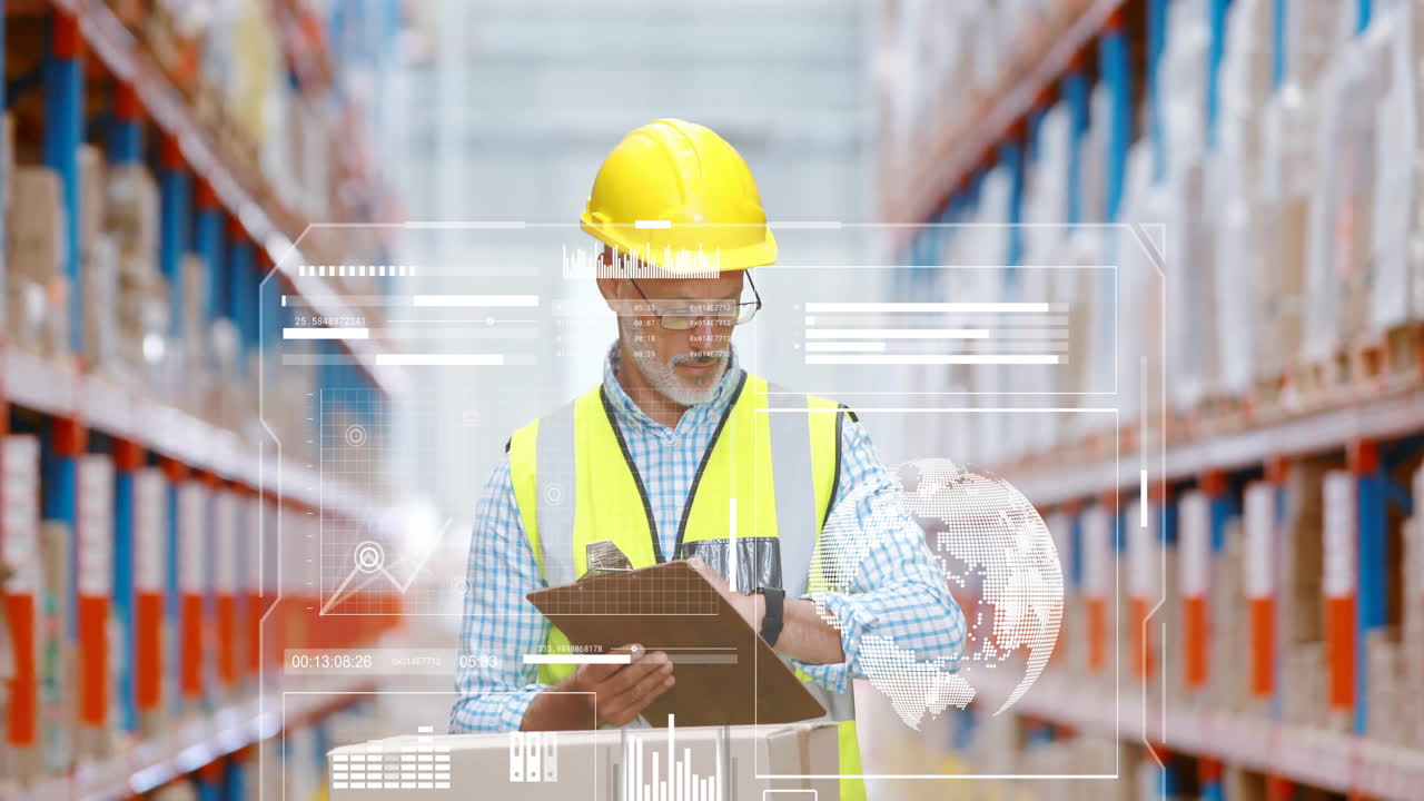Checking clipboard with animation overlay, warehouse worker in safety gear working