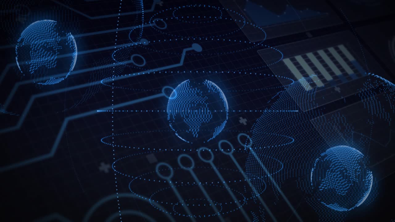 Grid fading causing holographic globes shrinking upward, rotating, visualizing network connections