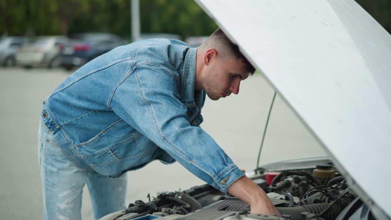 young man inspecting car engine in suburban parking lot, denim jacket, open hood, hands probing battery and hoses, concerned focused expression, cloudy day and apartment buildings in background