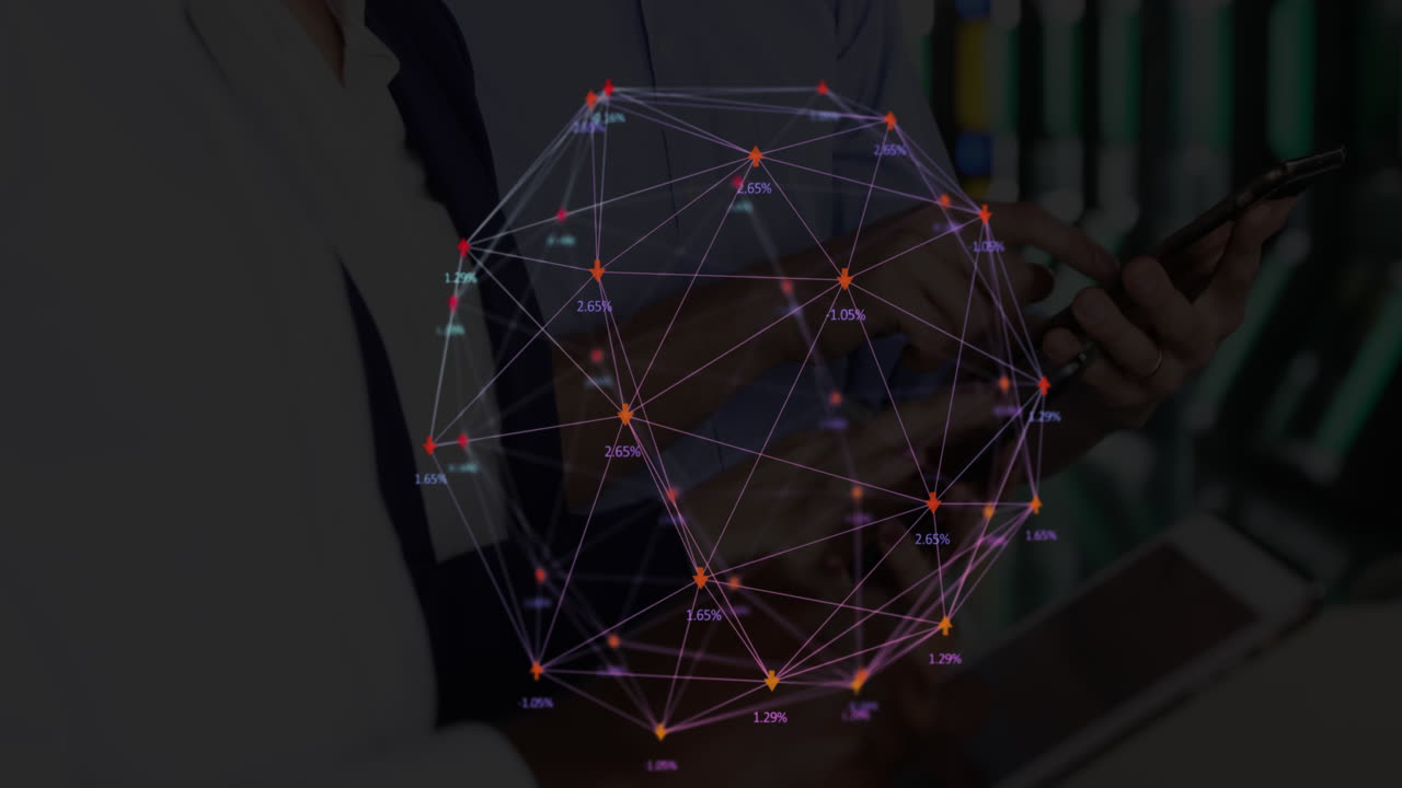 Digital composite video of web of connections with numbers moving against people using digital table