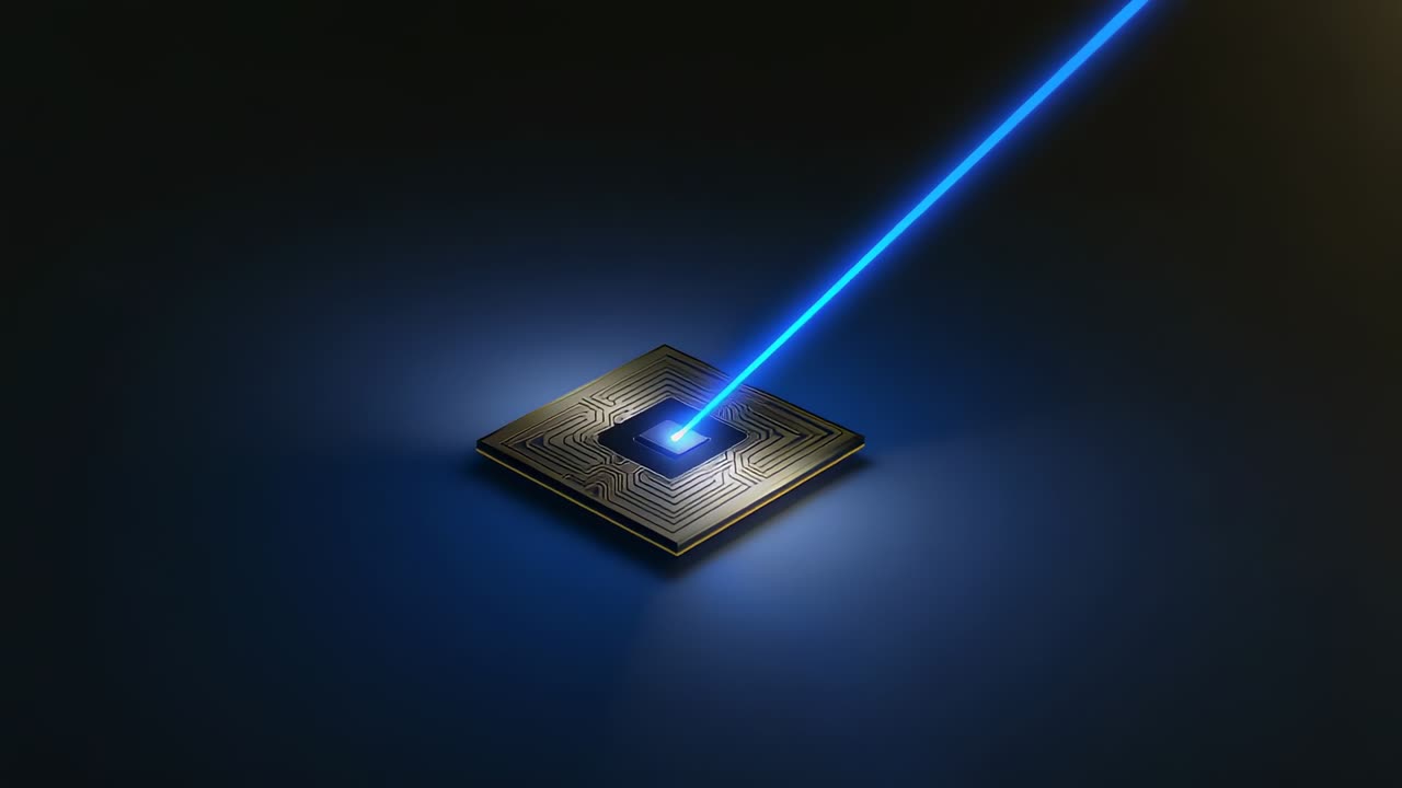 Entering from upper right blue laser striking chip on studio table, lighting circuit traces