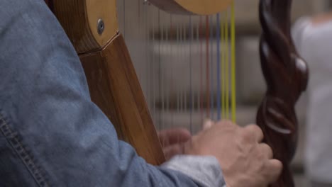 close up man playing the harp stringed musical instrument in street