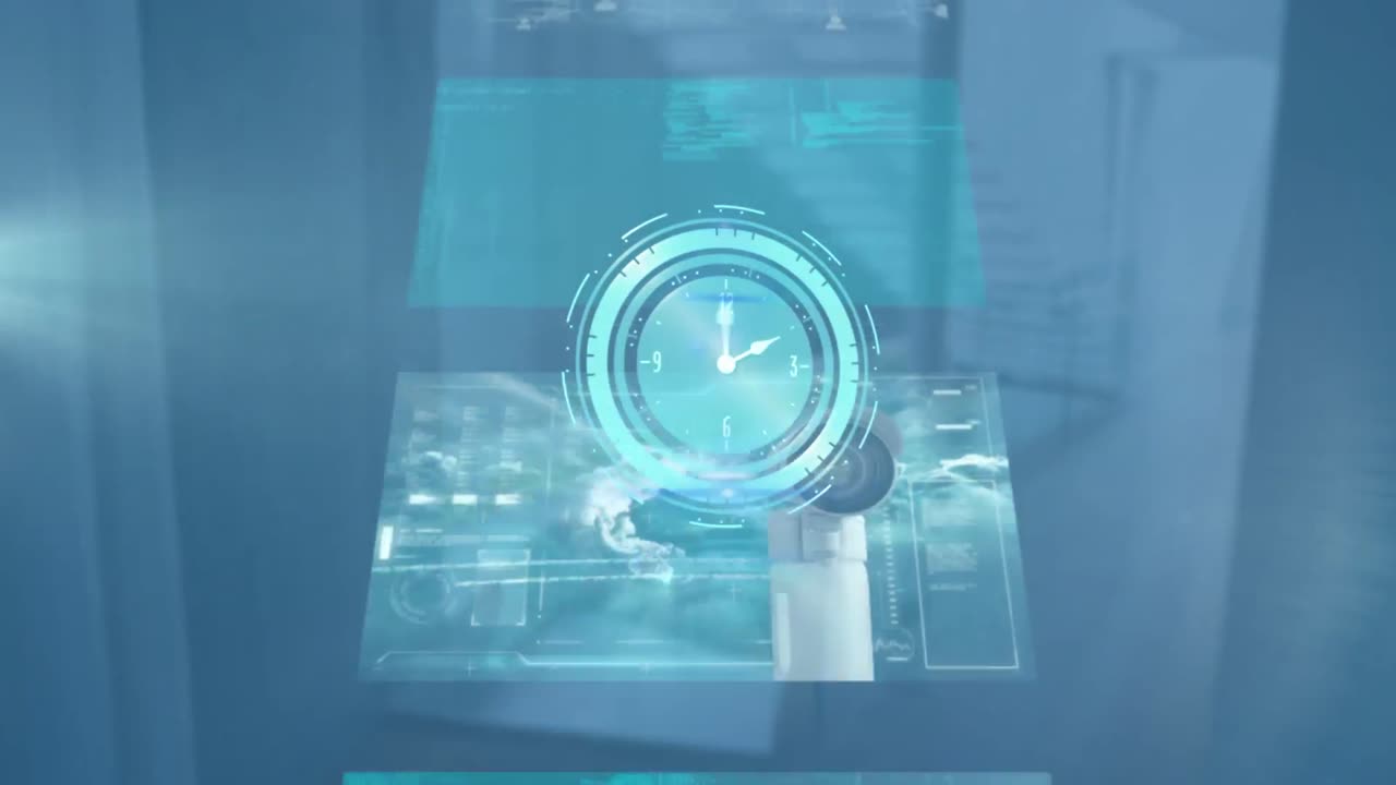 animación de reloj en movimiento y procesamiento de datos diversos en pantallas en segundo plano