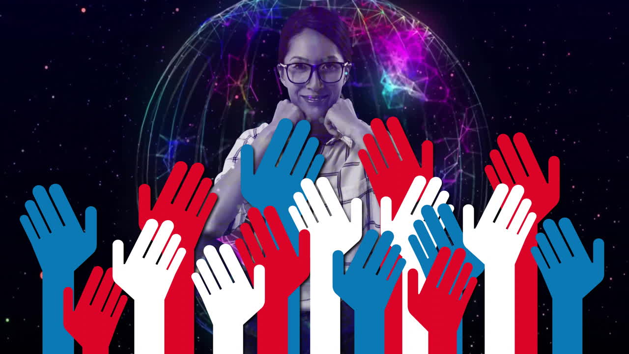 Woman smiling behind colorful raised hands and digital globe animation