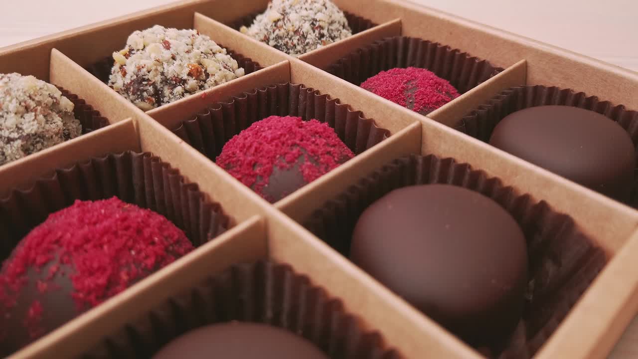 fabricación de cajas de regalos de caramelos de chocolate movimiento de cámara de primer plano extremo. chocolates variados confitería en fondo blanco cámara lenta, deslizador