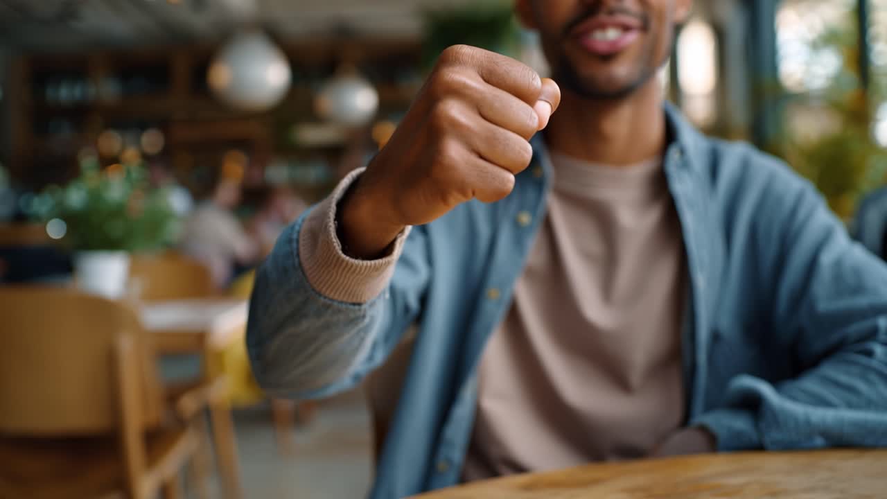 Un uomo sorride, alza il pugno in un caffè. Appare sicuro di sé, allegro ed energico. Il gesto del pugno trasmette forza o eccitazione. Ideale per temi di business, lavoro di squadra o motivazione positiva.