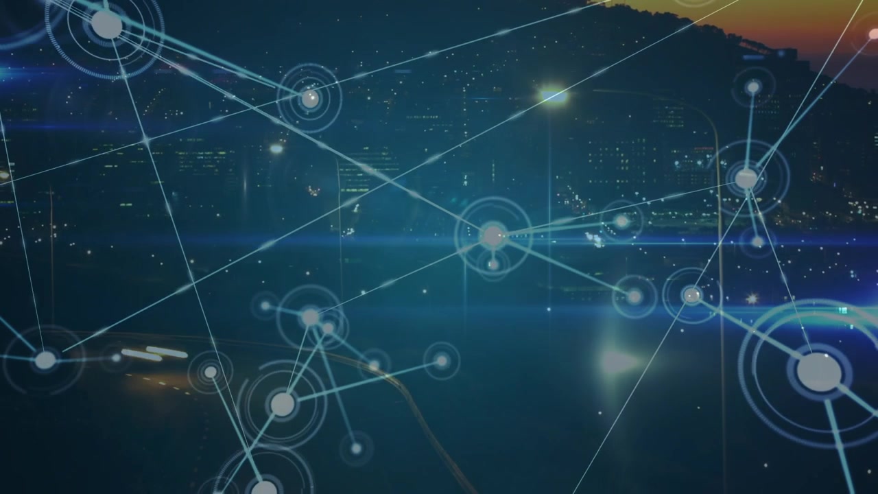 Animation of network of connections over aerial view of night city traffic