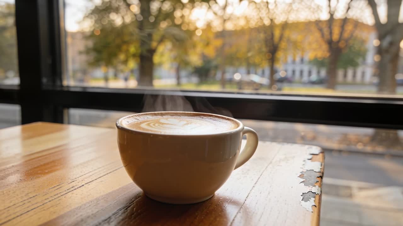 La telecamera si allontana, mostrando una latte art, con la tazza che si sposta al centro in un caffè, rivelando vapore e la strada.