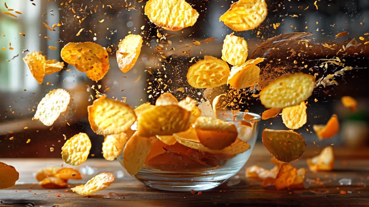 A bowl of potato chips is on a wooden table. The chips are scattered all over the table and some are falling out of the bowl. The scene has a casual and relaxed mood