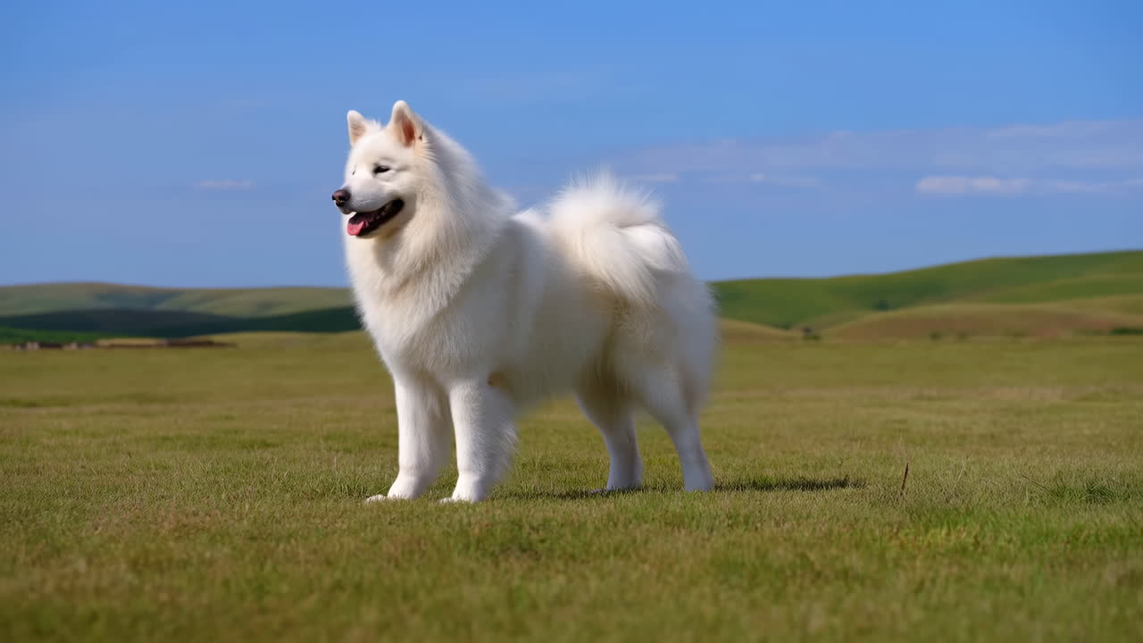 Anjing Samoyed Putih Berdiri di Padang Rumput pada Hari yang Cerah