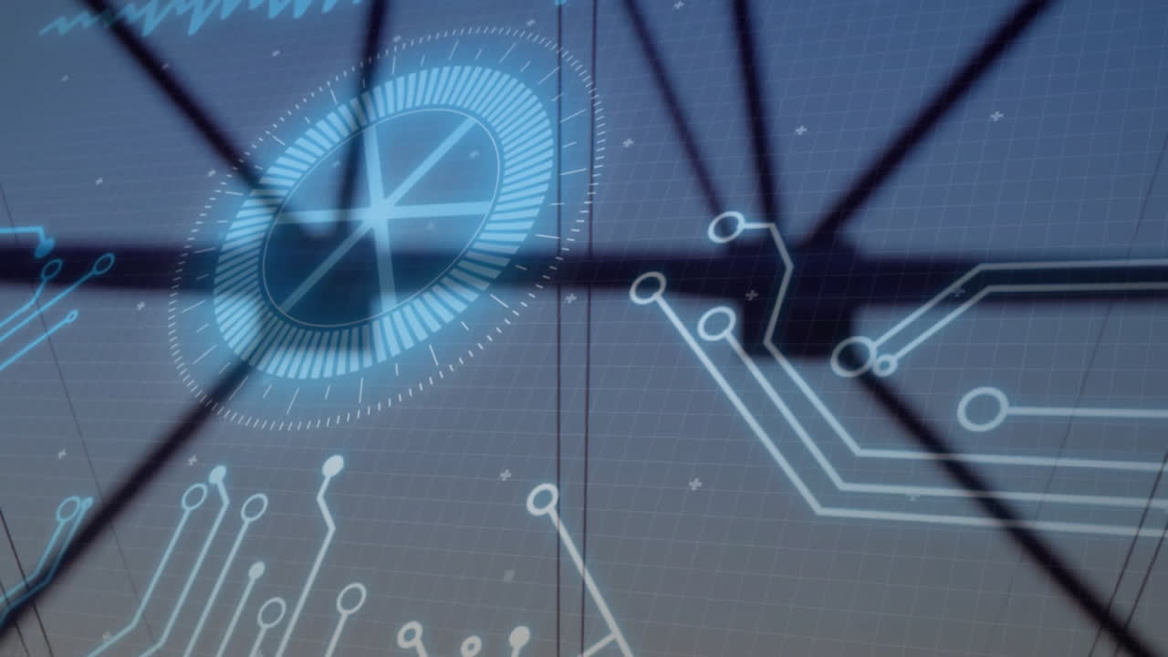 Blue digital HUD overlay projecting across dark grid, with circular gauge and node lines