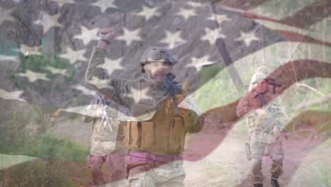 animation of flag of usa over diverse soldiers