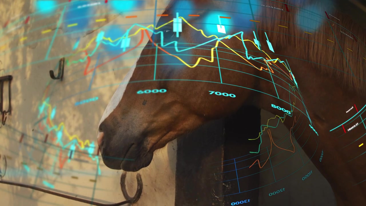 Animeret overlejring toner ind og fejer hen over hestehoved i stald, visualiserer finansdiagrammer.
